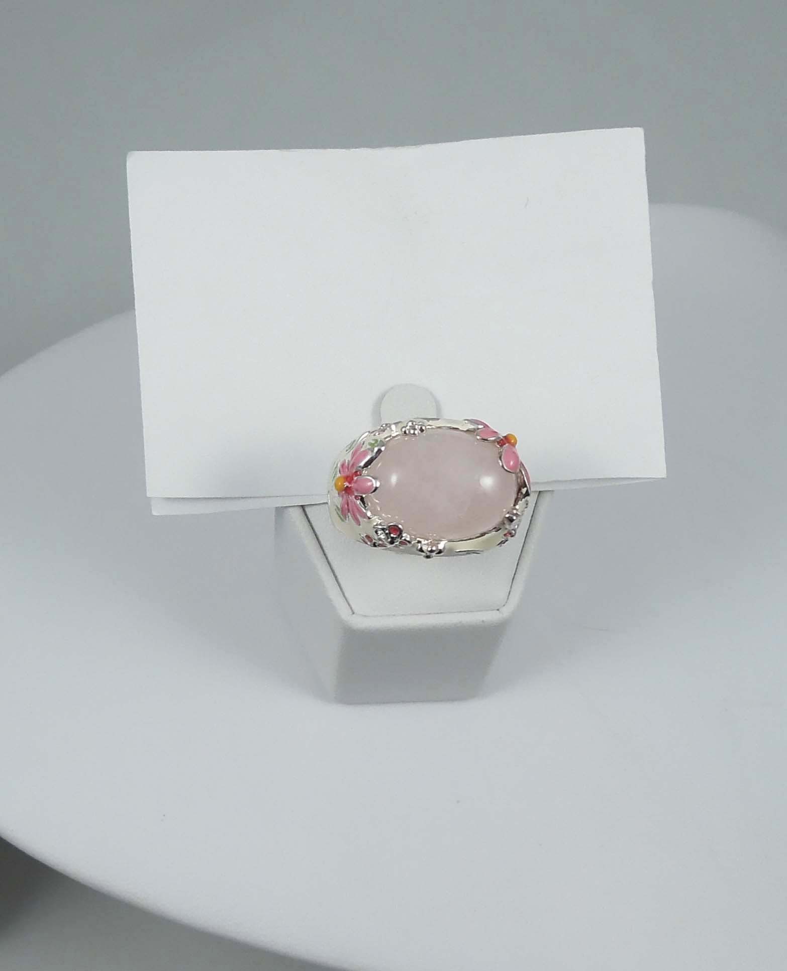 DESIGNER DAVID SIGAL STERLING SILVER, ENAMEL & ROSE QUARTZ RING: Marked inside "Canada".