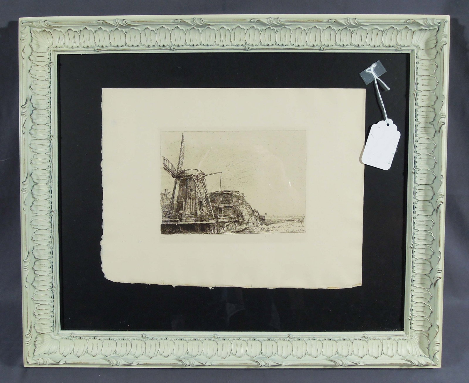 REMBRANDT VAN RIJN (1606-1669) DUTCH (AFTER): Antique Heliogravure on paper "Fembrandts Mill". Circa 1880. Signed in the plate. Overall framed 20" x 23 1/2".