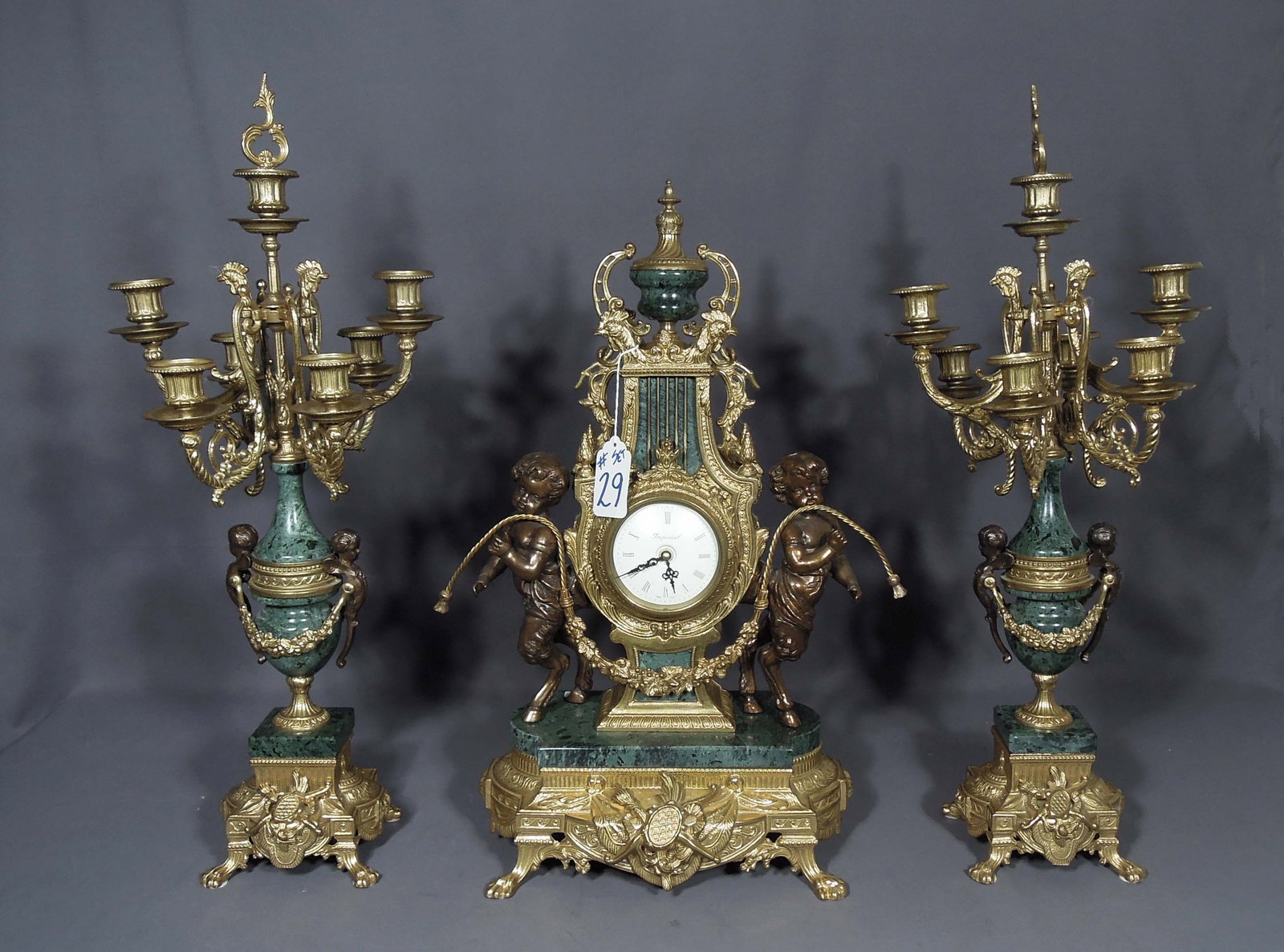 FINE THREE PIECE ROCOCO STYLE ITALIAN IMPERIAL MANTLE CLOCK GARNITURE SET (1 of 4)