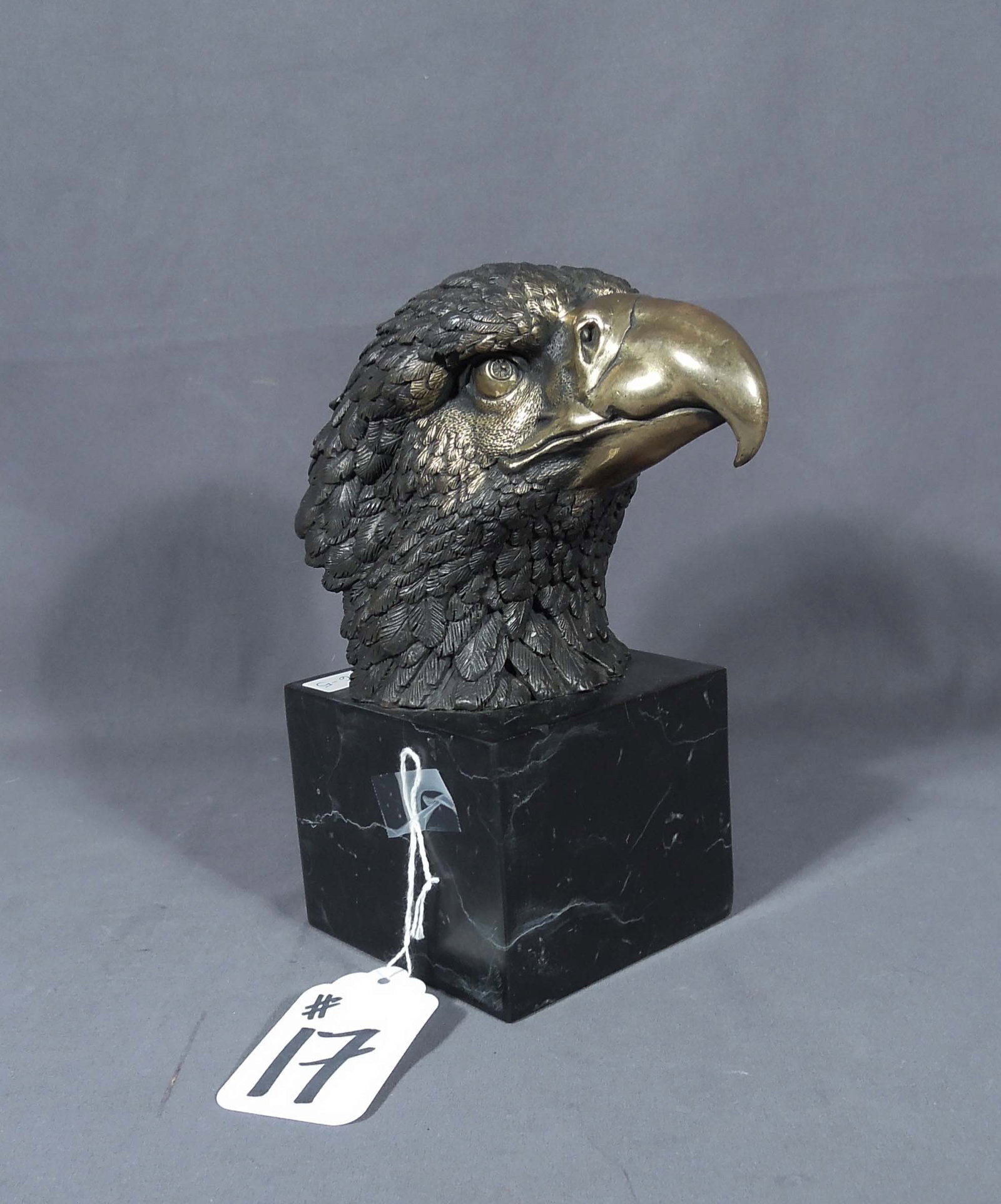FINELY DETAILED BRONZE BUST OF EAGLE ON BLACK MARBLE BASE: 8" high, 7" wide, 4" deep.