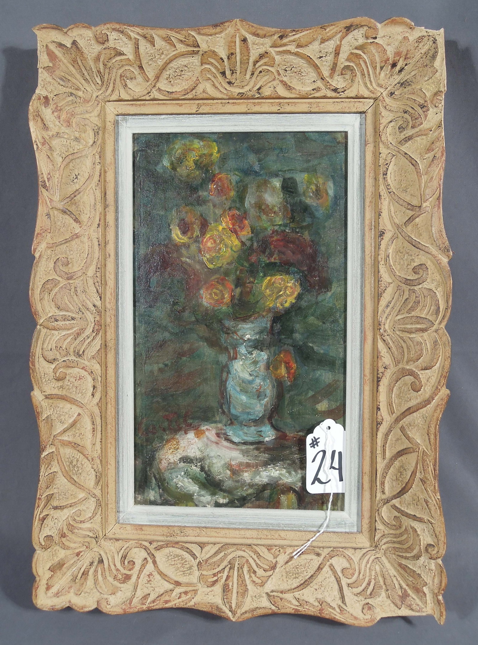 MOSHE CASTEL (1909-1991) ISRAELI: Beautiful Oil on Canvas wrapped on Board "Still Life - Flowers". Painted flowers in high relief. Signed, left side. Original frame. Image 14" x 8", Overall 20" x 14" x 2".