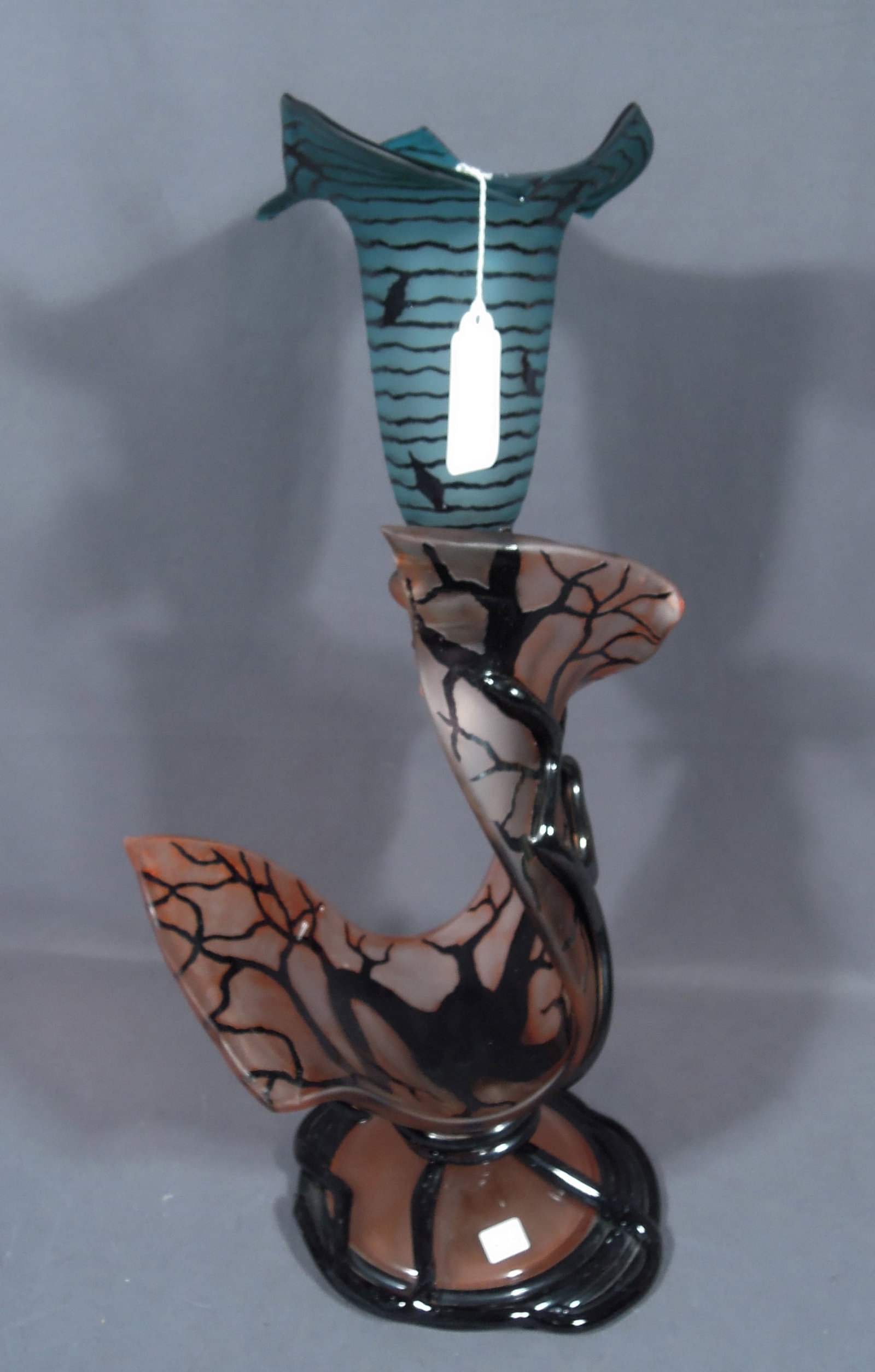 GLASS BLOWER BERNARD KATZ: Original hand signed art glass tree root vessle sculpture. Excellent conditiuon. Signed on base. 23 1/2" high, 11 1/2" wide, 8" deep.