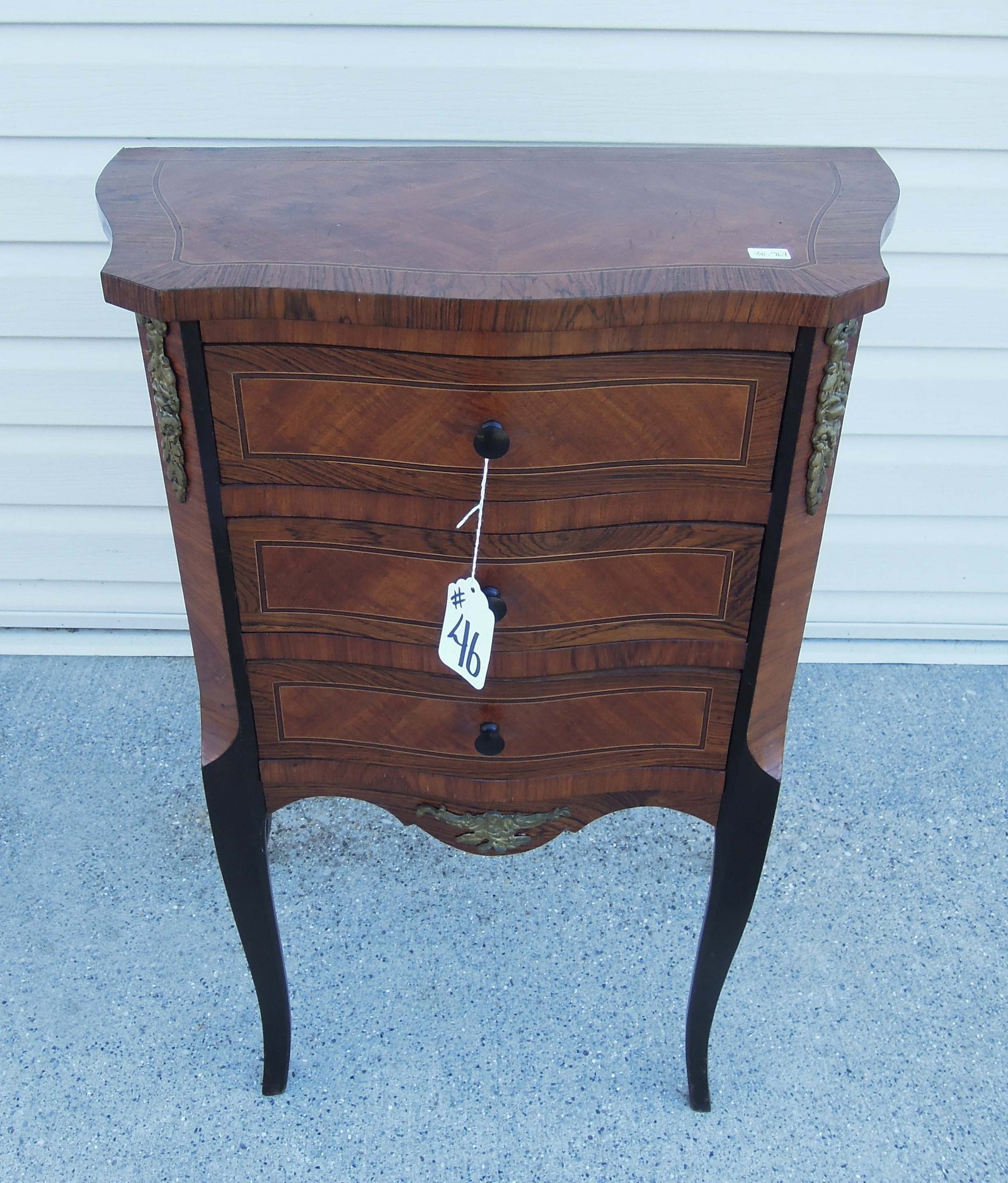 VINTAGE ITALIAN THREE DRAWER WOOD & ORMOLU SMALL SCALE CHEST: Curved legs. Inlaid top. 30" high, 21 1/2" wide, 12" deep.