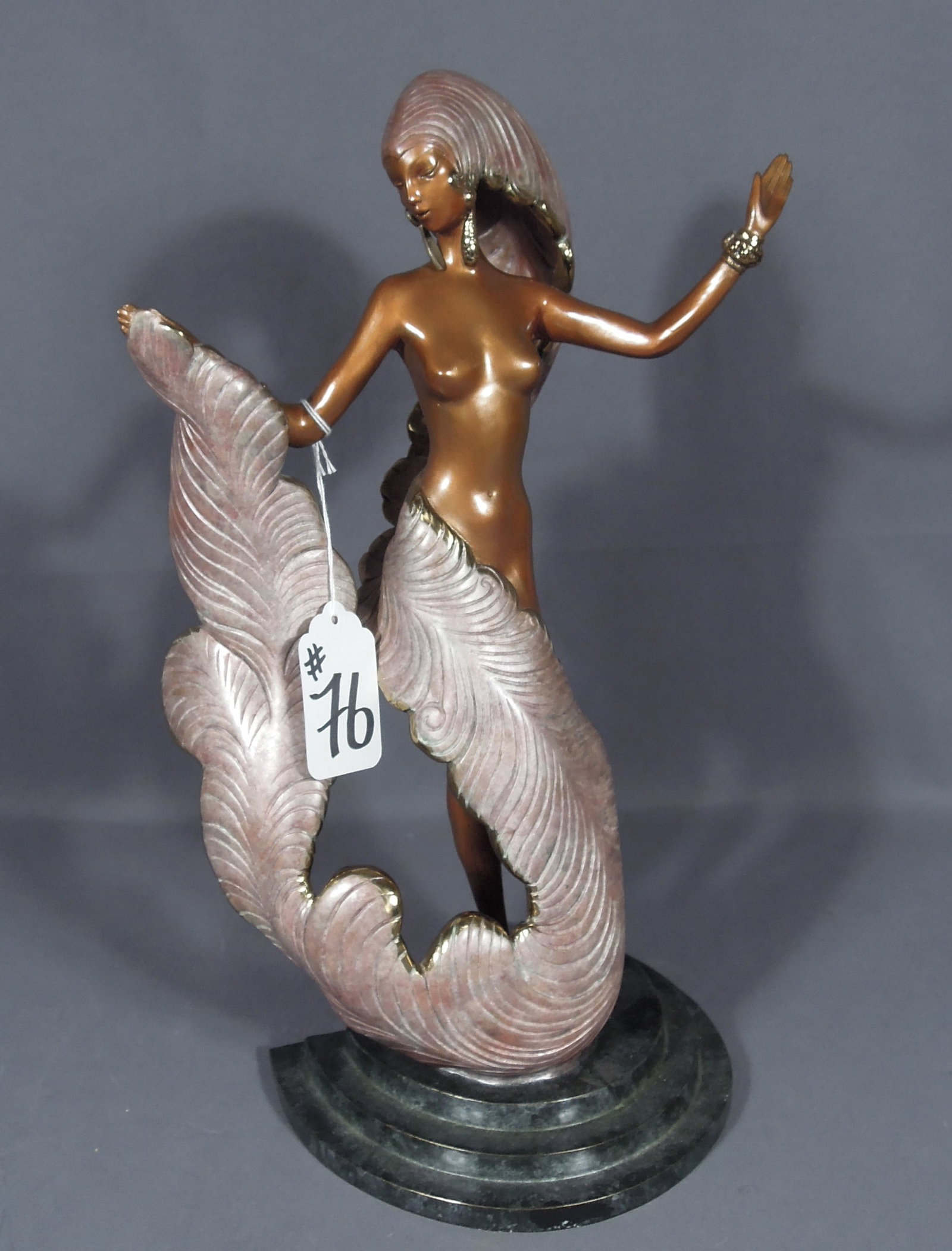 ROMAIN DE TIRTOFF (ERTE') (1892-1990) RUSSIAN/FRENCH: beautiful Limited Edition bronze sculpture "Follies Bergere". Circa 1987. Limited Edition 368//375. Chalk & Vermillion & Sevenarts. Signed. Very good condition. 18" high, 11" wide, 6 1/2" deep.
