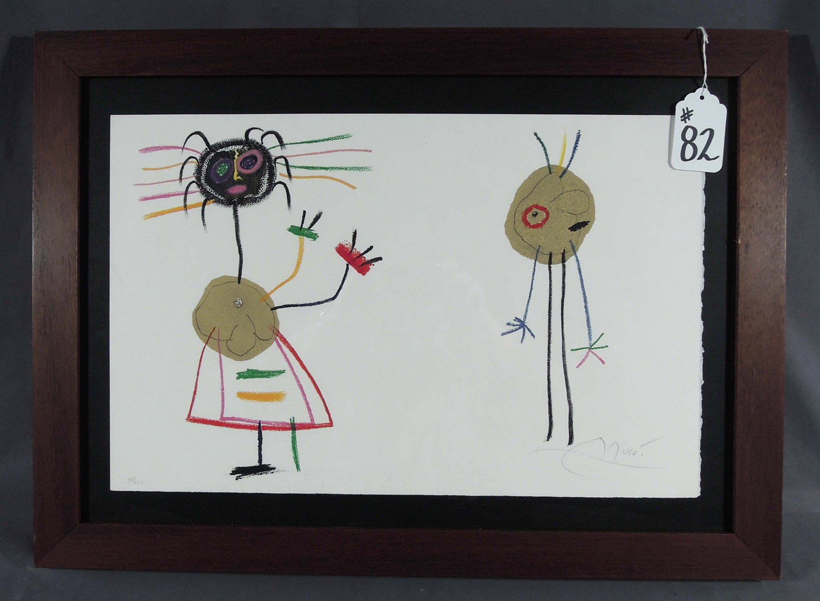 JOAN MIRO (1893-1983) SPANISH: Very rare Original Lithograph in Colors on Arches paper. Untitled. From the L' Enfance D' Ubu Suite. Limited Edition 98/120. Circa 1975. Hand signed and numbered in pencil by Miro. Overall framed 18 1