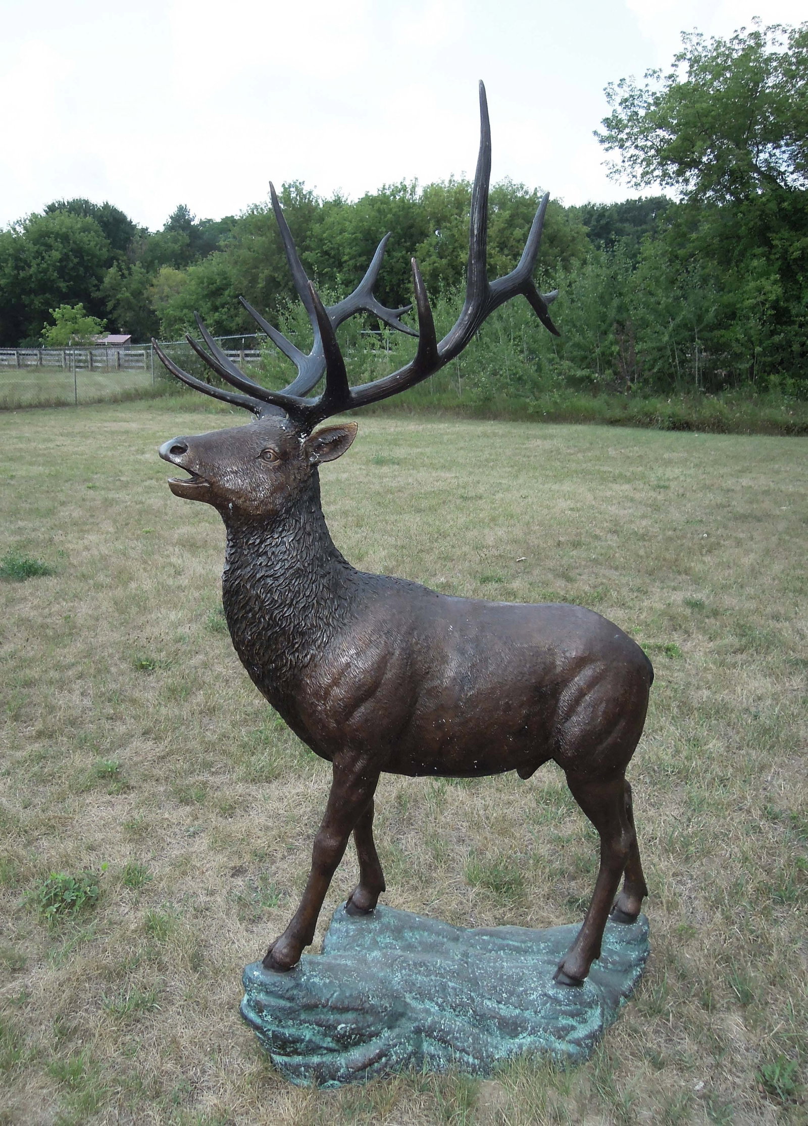 VINTAGE LIFE SIZE BRONZE SCULPTURE OF ELK STANDING ON ROCK: Very fine detail. Two color patina. Very heavy. 76" high, 28" wide, 4' long.