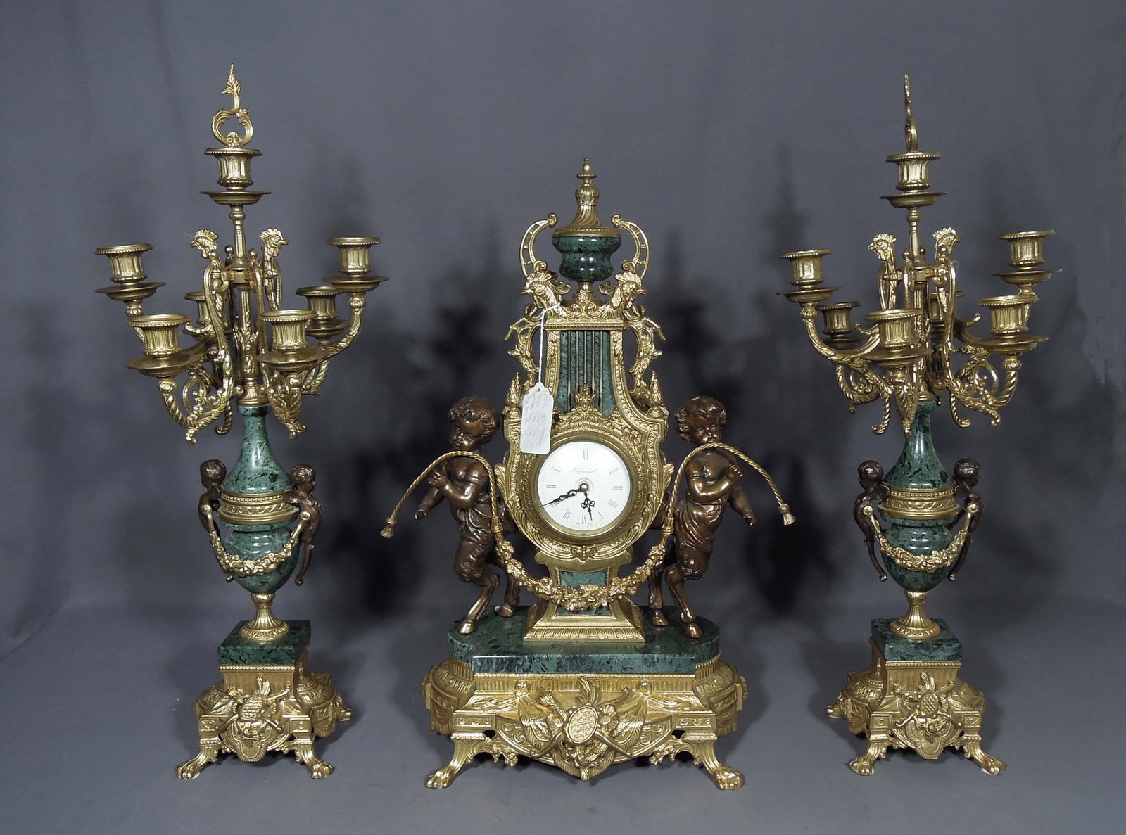 FINE THREE PIECE ROCOCO STYLE ITALIAN IMPERIAL MANTLE CLOCK GARNITURE SET (1 of 4)