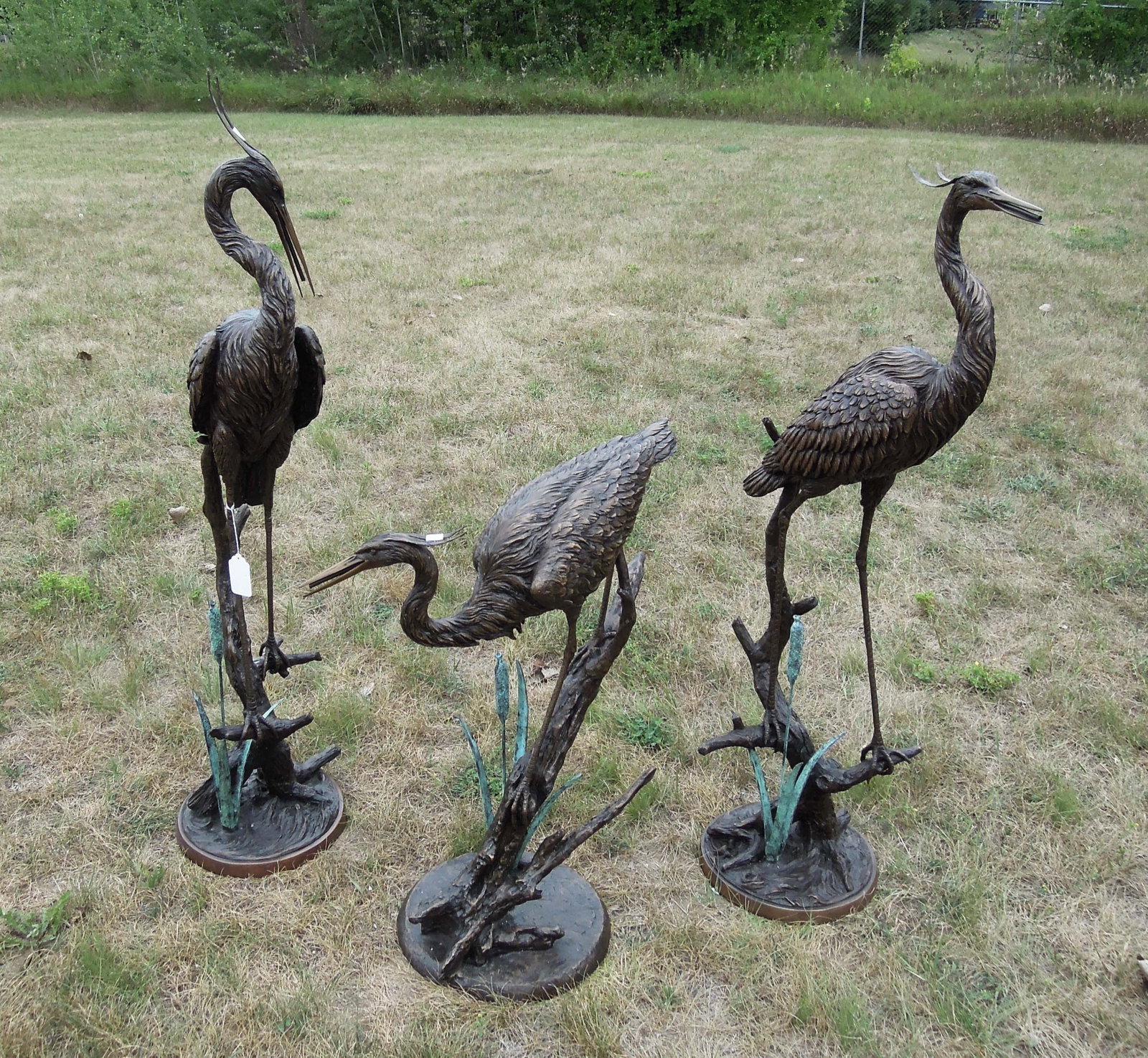 GROUP OF THREE LIFE SIZE BRONZE HERON SCULPTURES/GOUNTAINS: Each heron with beautiful detail and two color patina. Water emerges from each heron's mouth when used as fountains. Note: these three go beautifully with lot number 125. Tallest 52" high.