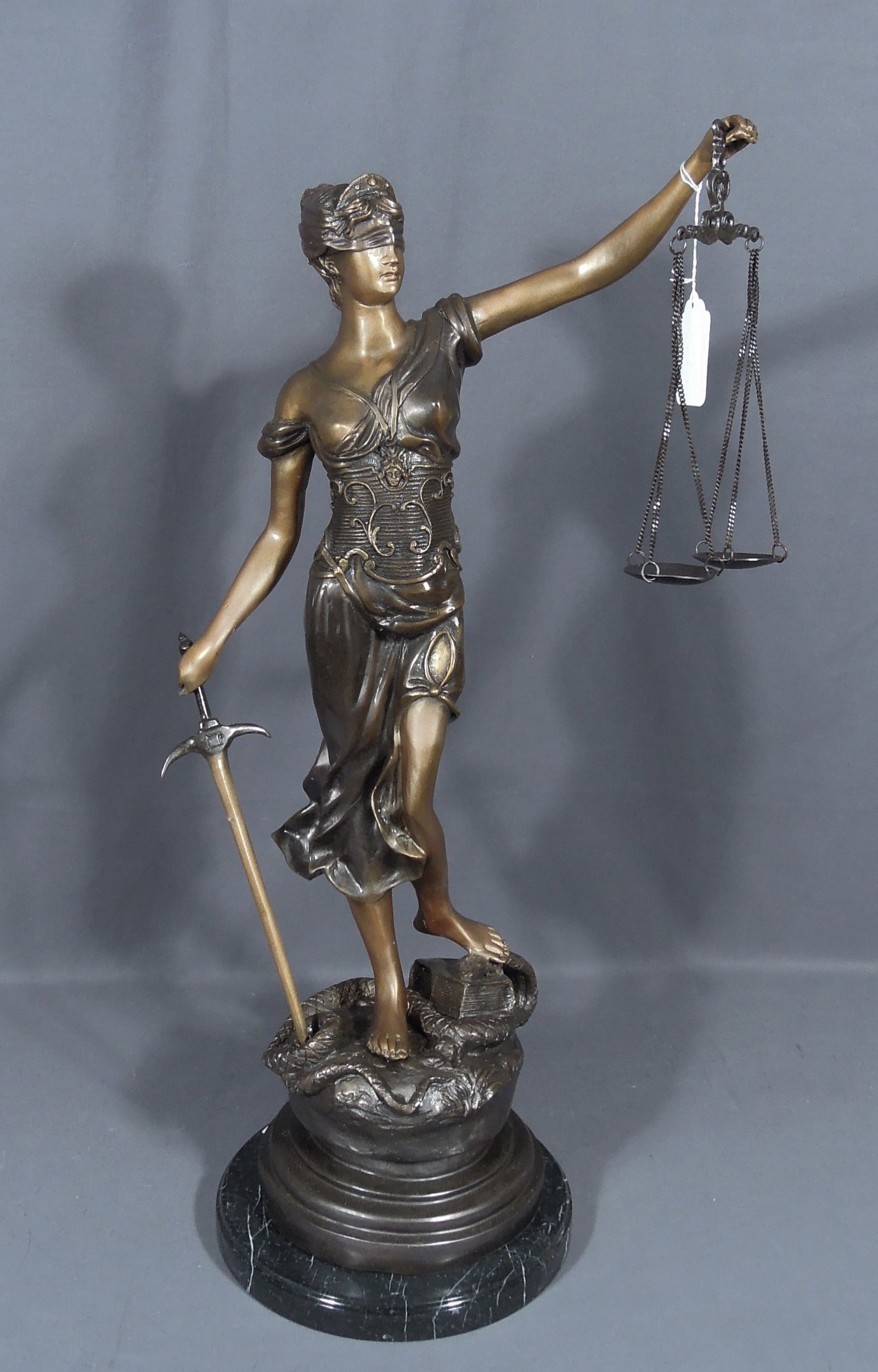 FINE LARGE BRONZE SCULPTURE "SCALES OF JUSTICE": Excellent detail. Black marble base. Two color patina. 29 1/2" high, 14" wide, 9" deep.