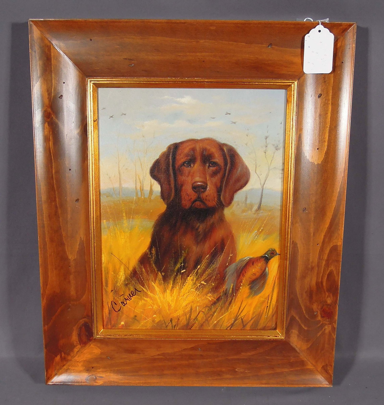 ORIGINAL OIL ON CANVAS: HUNTING DOG IN FIELD: Very fine detail. Signed Carver, lower left. Rustic wooden frame. Overall framed 24" x 19 1/2" x 2".