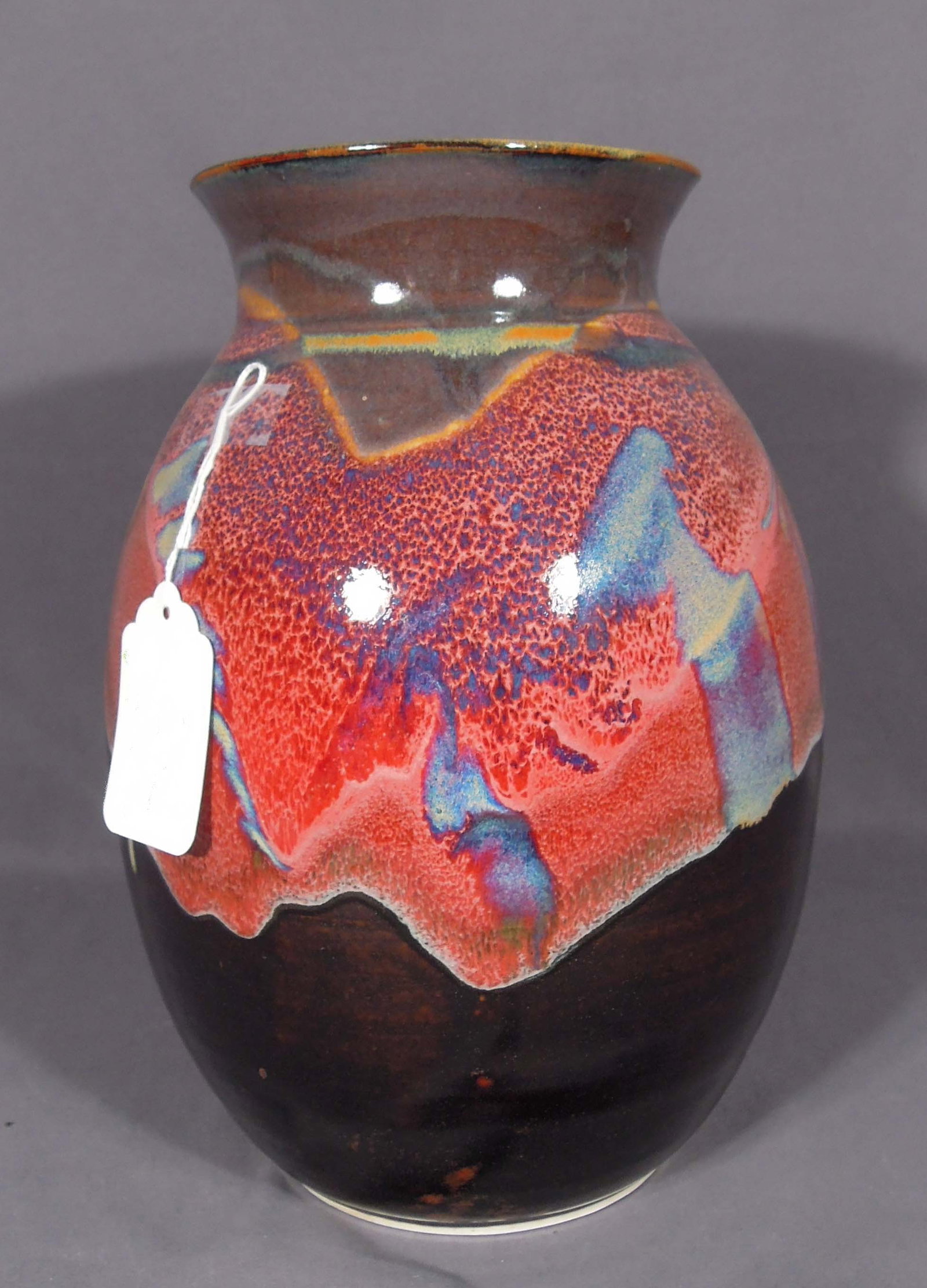 RON LIEBERMAN MID CENTURY MODERN POTTERY VASE: Oil spill glaze. Signed. 12 1/2" high, 8 1/2" dia.