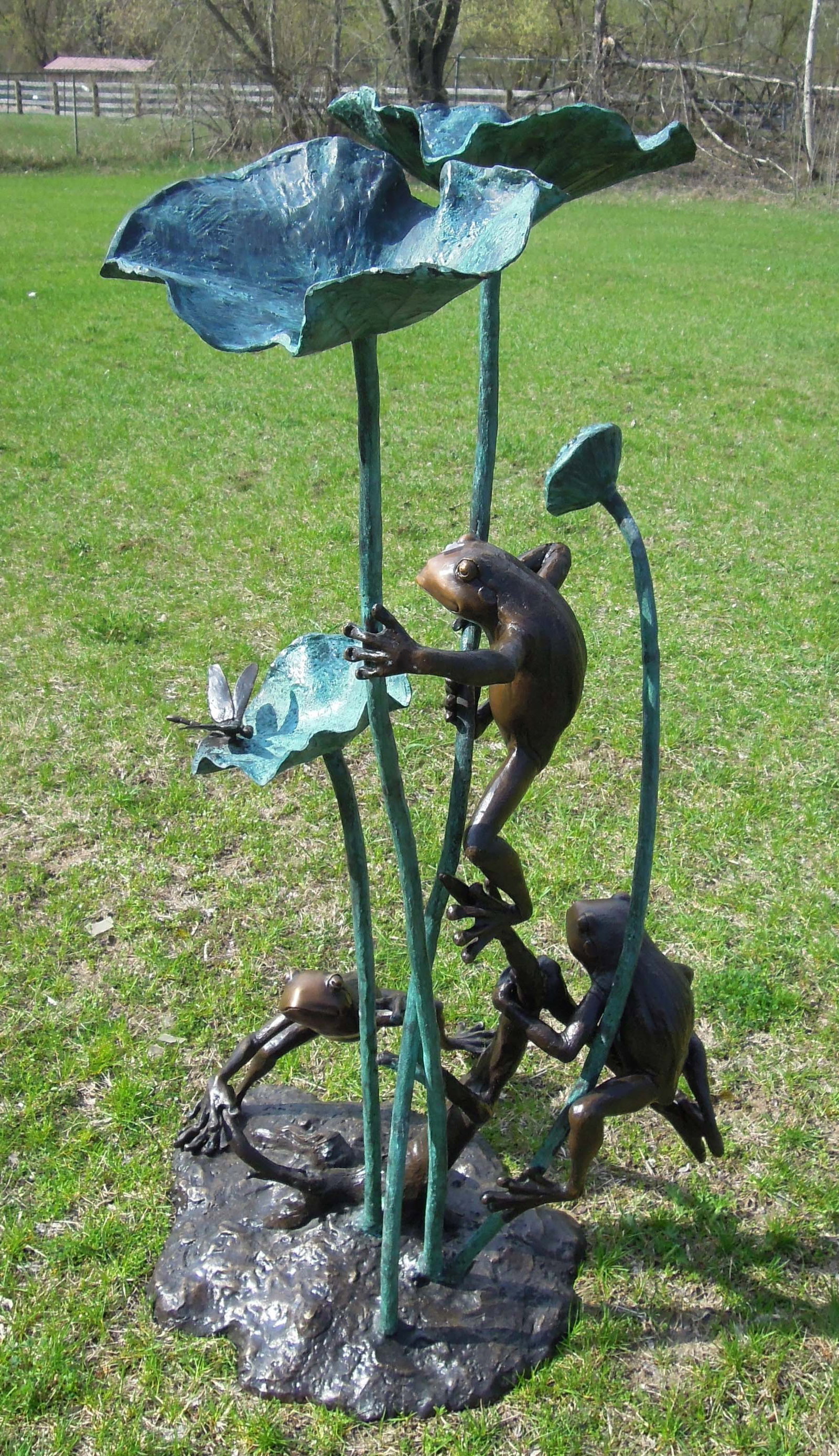 LARGE HUMOROUS BRONZE SCULPTURE/FOUNTAIN: THREE FROGS ON LILY PADS (1 of 3)