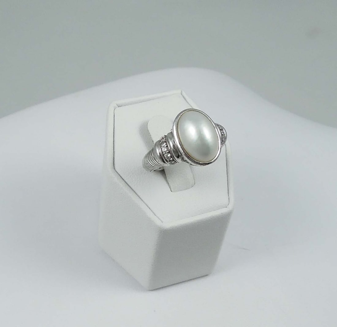 DESIGNER JUDITH RIPKA STERLING SILVER, PEARL & DIAMONIQUE RING: Signed. 8.5 grams. Size 8.