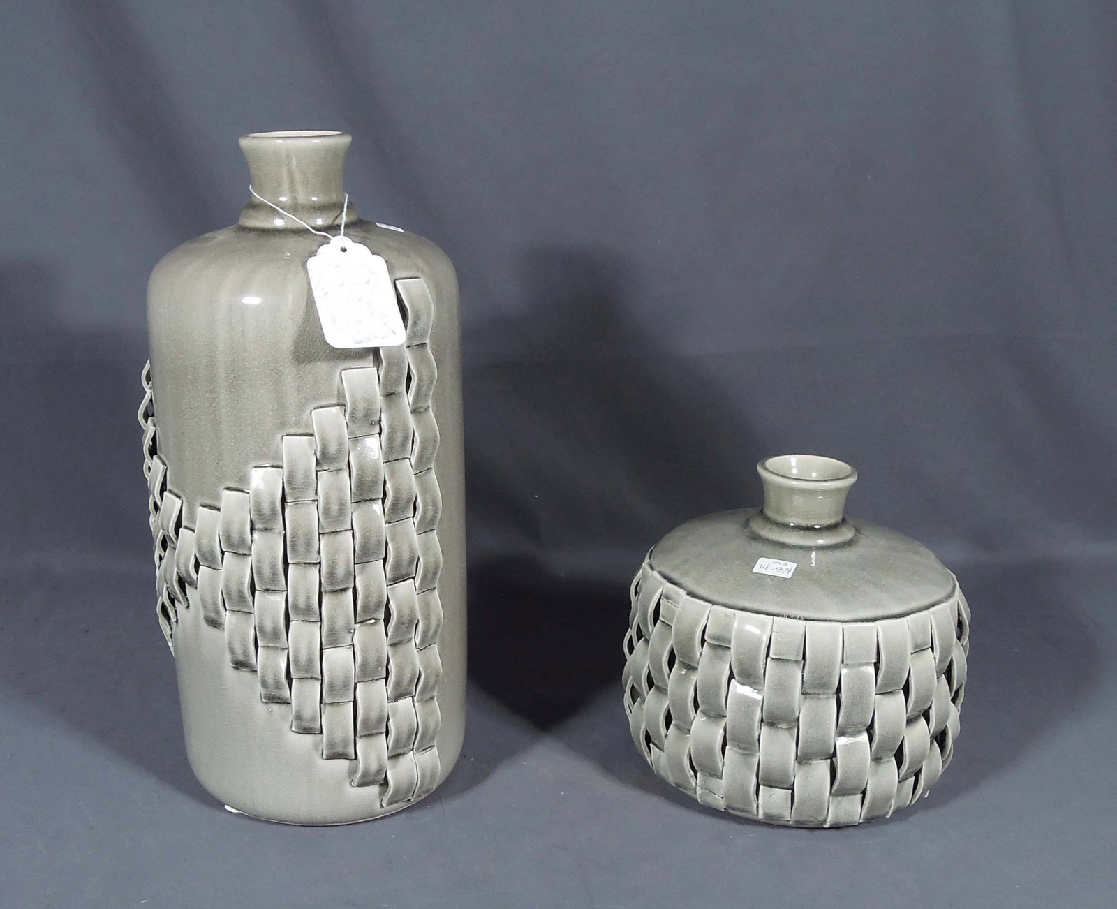 TWO RIBBON STYLE PORCELAIN VASES: Excellent condition. Tallest 16" high, 8" dia. Shorter 9" high, 9" dia.