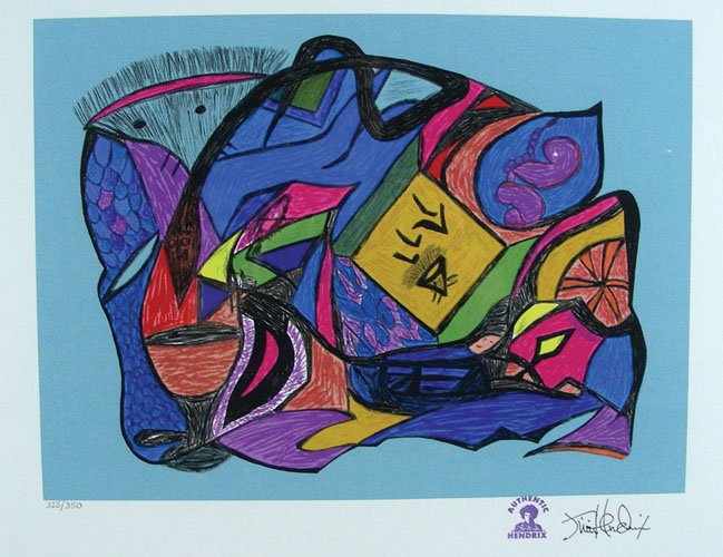 JIMI HENDRIX ORIGINAL SERIGRAPH ON LANA QUARELLE ARCHES: JIMI HENDRIX ORIGINAL SERIGRAPH ON LANA QUARELLE ARCHES PAPER "GENESIS" Limited Edition 325/350. Signed in the block by Hendrix and Estate Stamped. Framed. Image 14" x 20"