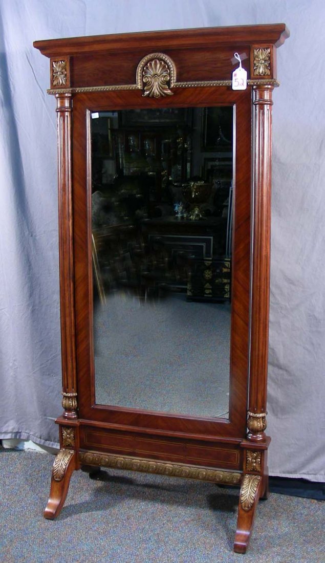 HAND CARVED ITALIAN INLAID CHEVAL MIRROR: Carved Italian standing cheval mirror with inlay work and gold highlights. 63 1/2" high, 32 1/2" wide.