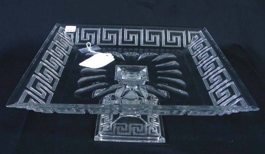 CUT CRYSTAL VERSACE STYLE PEDESTAL TRAY: Greek key etching. 5 1/2" high, 12 1/2" square