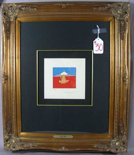 PETER MAX (1937- ) GERMAN - ORIGINAL LITHOGRAPH: Hand signed and numbered by Max. Limited Edition 130/250. Circa 1973. Image 7" x 7", Overall 26 1/2" x 21 1/2"