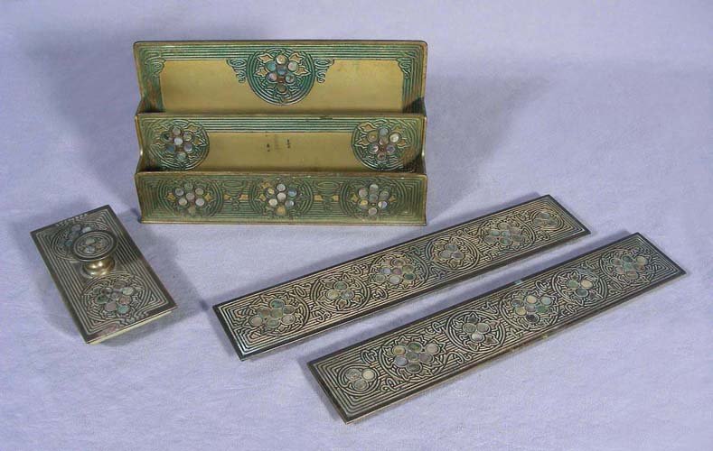 ANTIQUE BRONZE AND ABALONE "TIFFANY STUDIOS" DESK SET: Four piece desk set. Each piece signed and numbered. Note: Some wear.