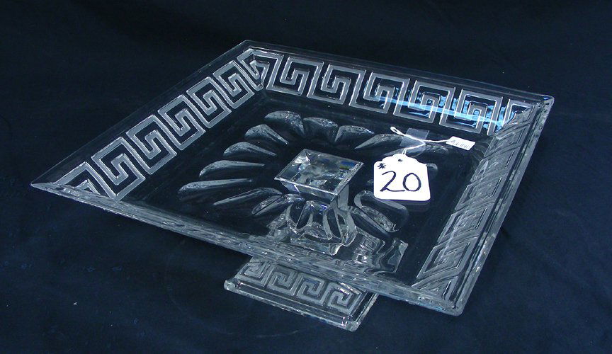 VERSACE STYLE CUT CRYSTAL PEDESTAL TRAY: Greek key design on rim. 6" high, 12 1/2" square.
