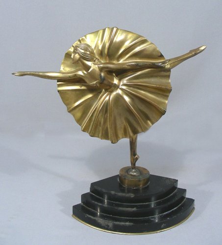 MARCEL ANDRE BOURAINE (1886-1948) FRENCH: Original Art Deco bronze sculpture of dancing ballerina. Gold patina. Original tiered marble base. Signed "Made in France" and numbered on base. 11 1/2" high, 12" wide.