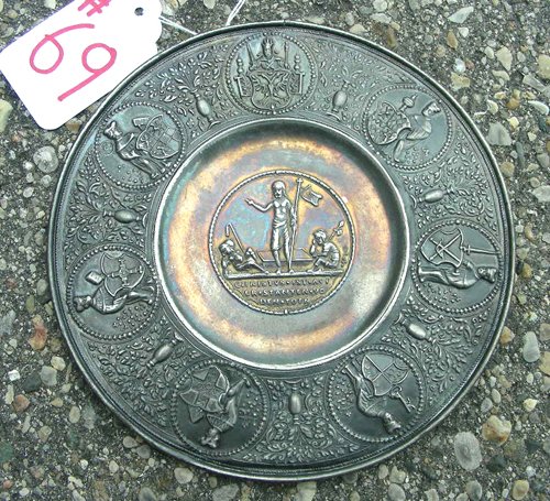 ANTIQUE 17TH C. GERMAN PEWTER PLATE: Top medallion of the Holy Roman Emperor Crowned by the Imperial Crown holding Sword in left hand. Scepter bearing the Double Headed Habsburg Eagle. 7" dia.