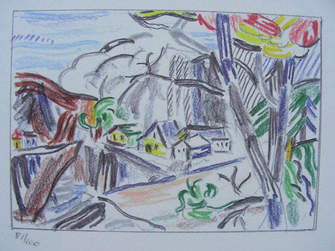ROY LICHTENSTEIN (1923-1997) AMERICAN: Original Off-Set Lithograph in colors on Coronado Opaque SST Cover "Mountain Village". Rare Limited Edition 81/100. Circa 1986. Image 3 1/2" x 5", Overall 22" x 25 1/2"