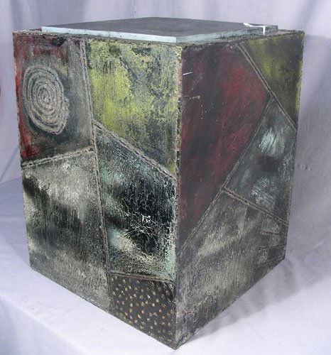 PAUL EVANS (1931-1987) STEEL TABLE WITH SLATE TOP: Welded and patina steel table with original finish. Inset slate top with minor chip on one corner. Signed "PE, 67". 18" high, 14 1/2" square.