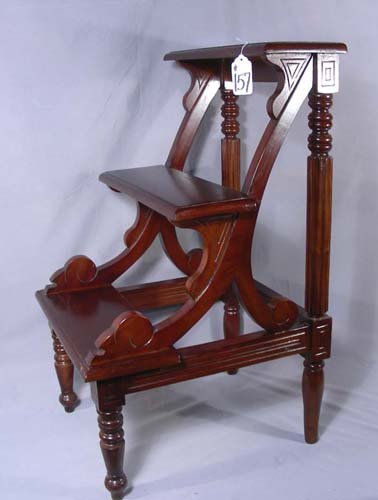 MAHOGANY LIBRARY STEPS: Three step library ladder. 32" high, 18" wide.