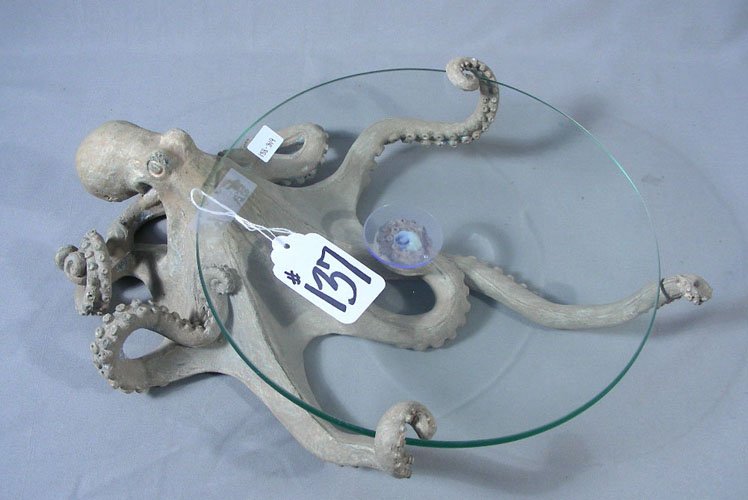HUMOROUS COMPOSITION AND GLASS OCTOPUS TRAY: Arms of octopus hold glass tray. 16" wide.