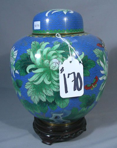 CHINESE CLOISONNE COVERED GINGER JAR: Blue background with butterfly and floral decorations. 10 1/2" high, 8" wide.