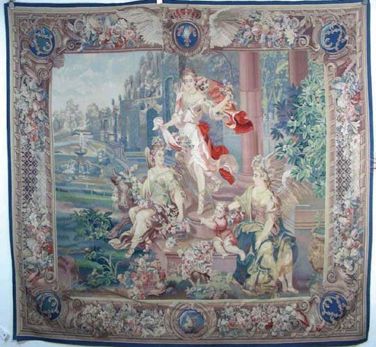 SPECTACULAR HAND WOVEN AUBUSSON TAPESTRY: Courtyard scene with figures. Excellent condition. 7.2 x 7.8.