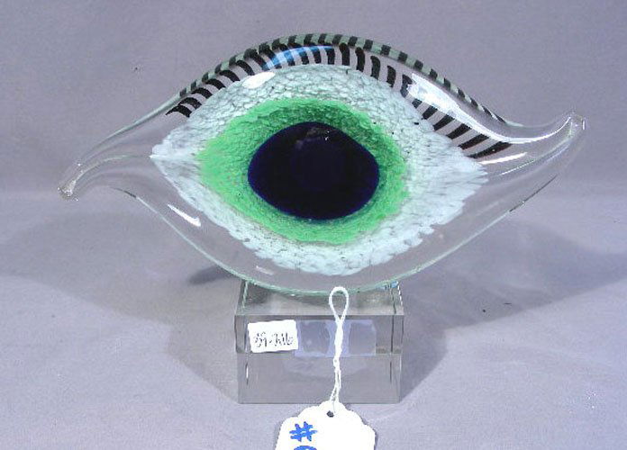 HEAVY HAND BLOWN ART GLASS SCULPTURE OF EYE: Complete with crystal block base. 6 1/2" high, 10" wide.
