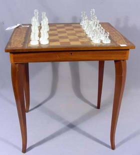 ITALIAN INLAID CHESS/CHECKER BOARD TABLE/MUSIC BOX: Top opens to reveal chess and checker pieces. Table is also a music box. 19 1/2" high, 18" wide, 14" deep.