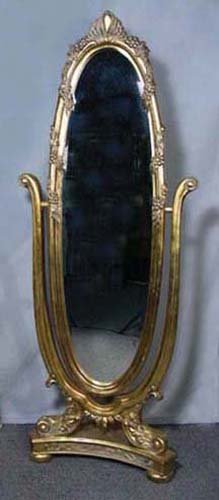 HAND CARVED FRENCH GILT CHEVAL MIRROR: Adjustable. Grape leaf decorations. Beveled glass mirror. 73 1/2" high, 28 1/2" wide.