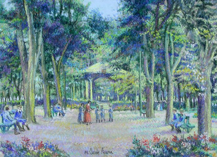 H. CLAUDE PISSARRO (1935- ) FRENCH: Large original Pastel of figures in a park "L'Allbe Du Kiostue Nevers". Hand signed on front and hand signed and titled on verso. Professionally framed. Complete with original H. Claude Pissarro certi
