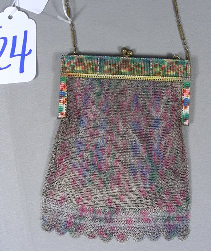 FINE ANTIQUE WHITING & DAVIS METAL MESH PURSE: Multi colored. Good condition. Signed. 6" high, 5" wide.