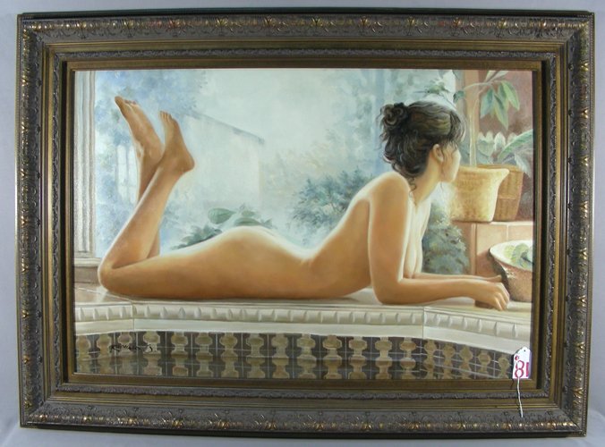 ORIGINAL OIL ON CANVAS: NUDE WOMAN: A beautiful reclining nude woman gazes out a window. Signed. Overall 32 1/2" x 45".
