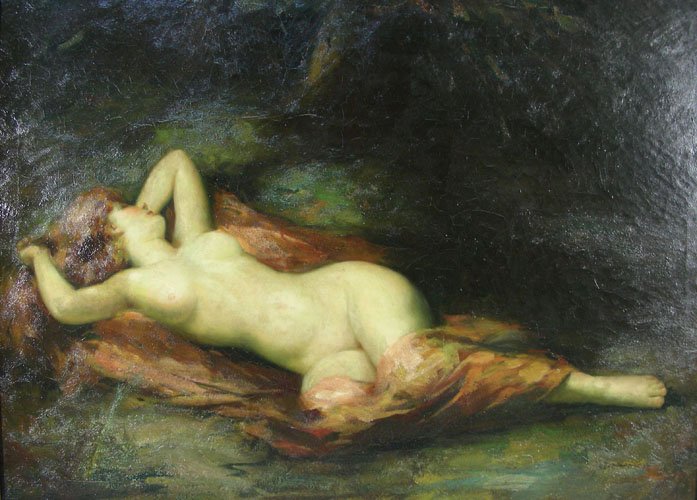 CLASSIC ANTIQUE STYLE OIL ON CANVAS: RECLINING NUDE: Signed lower right. Ornate frame. Image 30" x 40", Overall 38 1/2" x 49 1/2".