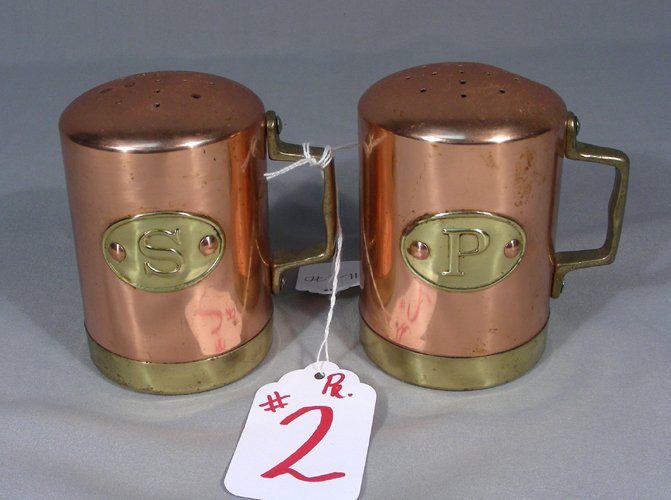 PAIR VINTAGE COPPER AND BRASS SALT AND PEPPER SHAKERS (1 of 1)
