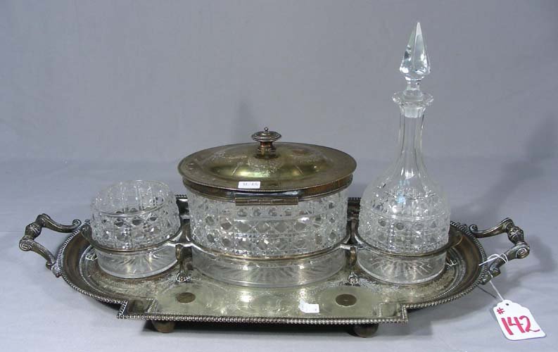 ANTIQUE SILVER PLATED TRAY WITH CRYSTAL ACCESSORIES (1 of 1)