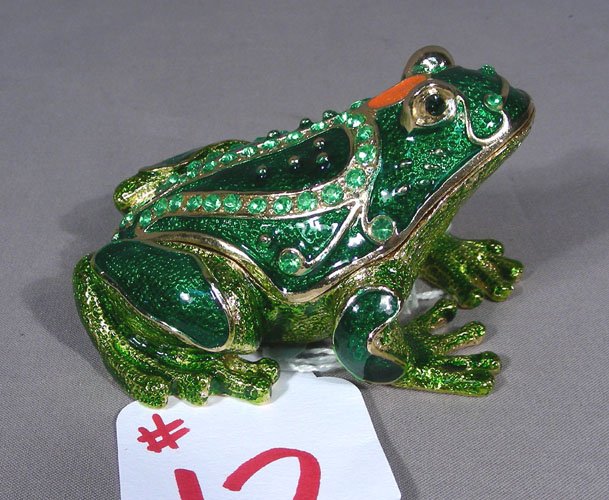 FINE ENAMEL AND RHINESTONE FROG TRINKET BOX: 2" high, 3 1/2" long.