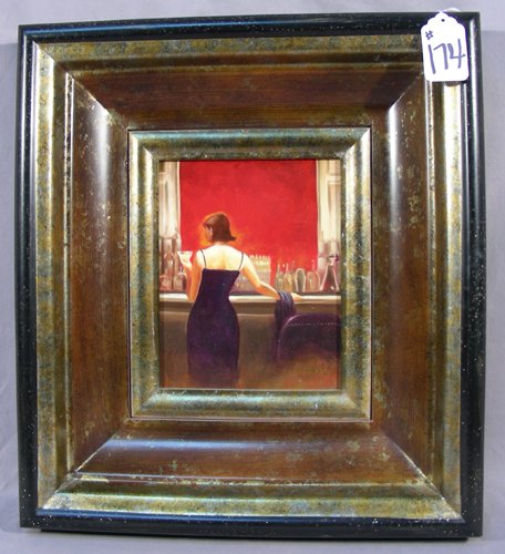 ORIGINAL OIL ON CANVAS: WOMAN STANDING AT BAR: Signed lower right. Thick gold and black frame. Overall 22" x 18 1/2".