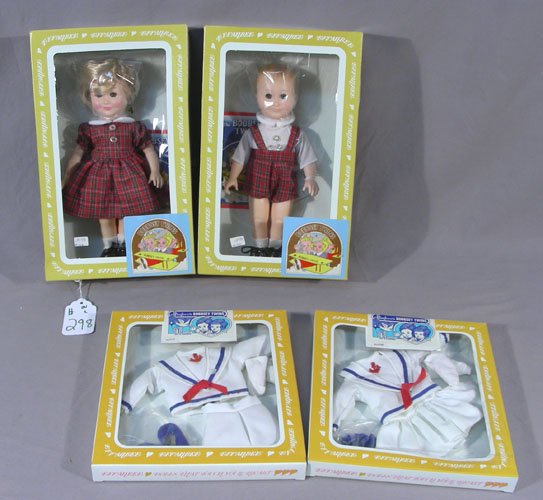 TWO VINTAGE EFFANBEE BOPSY TWIN DOLLS: "flossie & Freddy". Serial numbers 1202 and 1201. Two outfits included. All original boxes.