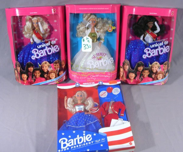 THREE VINTAGE MATTEL POLITICAL BARBIES: 2 Unicef, 1 Summit and 1 President. Orignal boxes.