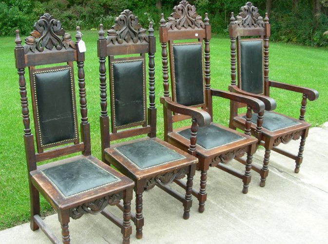 GROUP OF FOUR ANTIQUE HAND CARVED & LEATHER CHAIRS (1 of 2)