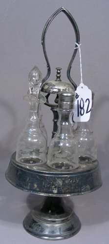 ANTIQUE SILVER PLATED CRUET SET WITH BUTLER'S BELL: Etched cruets. 18" high.