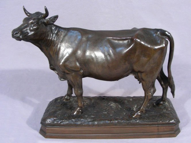 JULES MOIGNIEZ (1835-1894) FRENCH: Original bronze sculpture of standing bull. Very fine detail. Brown patina. Signed on base. 11" high, 14" long.