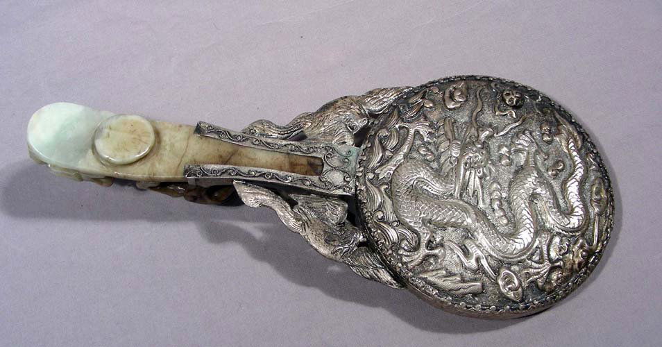 RARE ANTIQUE SILVER PLATED AND JADE HAND MIRROR (1 of 3)