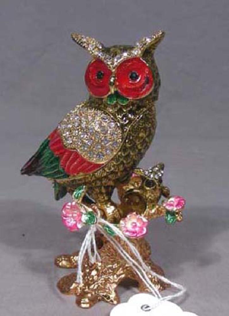 METAL, ENAMEL AND RHINESTONE OWL TRINKET BOX: 4 1/2" high.